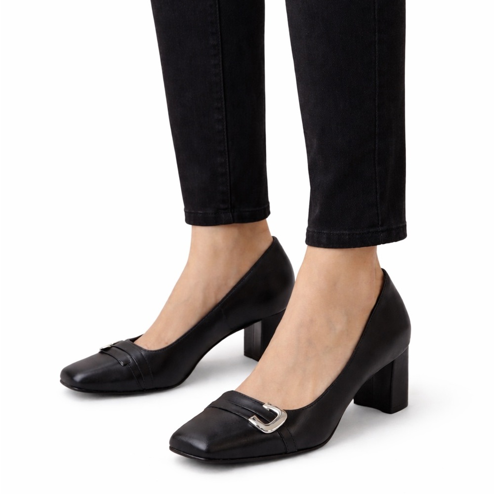 Etienne Aigner Black Heels with Silver Buckle